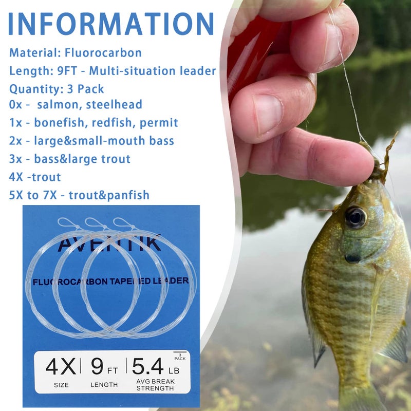 Aventik 3PC AventikFly Fishing Tapered Leader Premium Fluorocarbon Fly Fishing Line Leaders Pro-Tied Looped Freshwater/Saltwater 9ft Fly Fishing Leaders X0 to X7 (7X-2.2LB) - Image 4